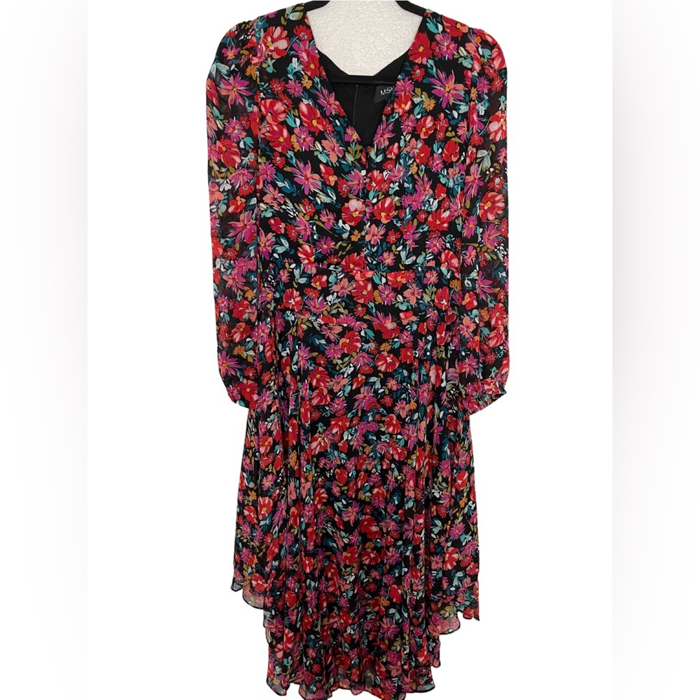 MSK Fitted Sleeve Long Sleeve Floral High-Low Fit + Flare Dress